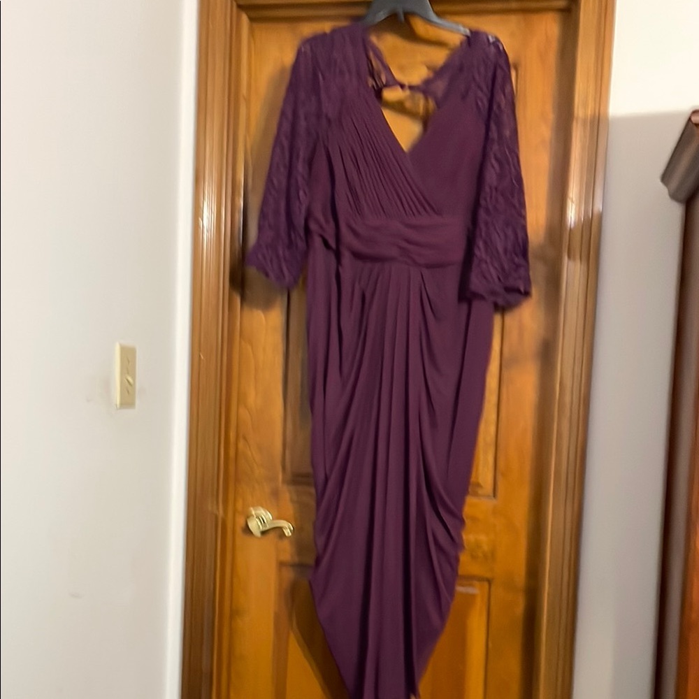 Adrianna Papell Purple Ruched Wrap Gown with 3/4 Bell Sleeves